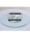Badass Tempered Glass Lazy Susan Turntable Smooth Swivel Round Serving Platter on a white table showing 38cm and 15cm diameters.