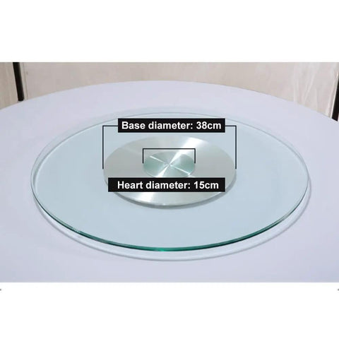 Badass Tempered Glass Lazy Susan Turntable Smooth Swivel Round Serving Platter on a white table showing 38cm and 15cm diameters.