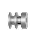 Precision Double Groove Aluminum Alloy Pulley With 10mm Round V Belt For High Power Motor Drive Wheel side view showing polished finish and grooves.