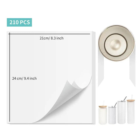 Butcher Paper For Sublimation Heat Press 210 Sheets 8.3 By 9.4 Inch Fits 20 Oz Skinny Tumblers Mugs And Bottles No Cutting No Waste No Hassle Protect Heat Press displayed with tumblers and heat press example
