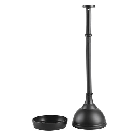 Plastic Toilet Plunger With Lift And Lock Cover Set Compact Freestanding Low Key Discreet Storage Caddy For Bathroom And Powder Room Modern Bronze Hyde Collection Heavy Duty Space Saving Design shown with caddy.
