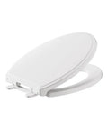 Slow Close Elongated Toilet Seat With No Slam Quiet Operation And Soft Close, White Finish, shown partially open from side angle.