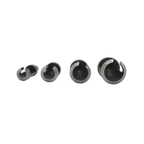 Four Piece Woodworking Plug Cutter Kit For Concealing Screw Holes And Straight Shooting Joinery With Knockout Flush Chamfered Tapered Bits In Quarter To Five Eighth Inch Sizes For Pro Level Carpentry And Furniture Restoration. Set of four carbon steel tapered plug bits shown.
