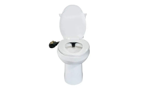 White toilet with Non Electric Toilet Bidet Attachment With Water Sprayer, Front And Rear Cleaning Modes; Black Gold color visible