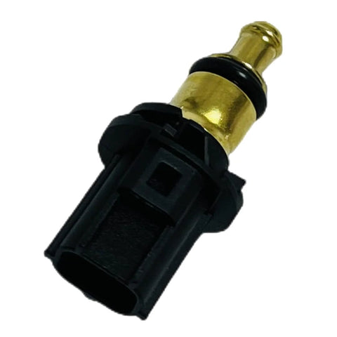 Close-up of coolant temperature sensor featuring brass tip and black plastic housing.
