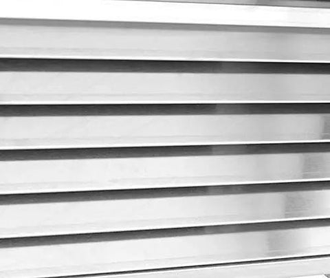 Close-up of stainless steel shelving in a White Three Door Upright Freezer With Clear Glass Panels And Straight Up Solid Cooling That Keeps Your Groceries Perfectly Frozen Works Like A Charm In Homes Or Retail Stores.