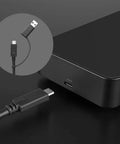 Close-up of USB-C cable connected to Top Tier Universal Laptop Docking Station With Triple 4K Displays And Display Port Outputs Usb C And A Hybrid Hub.