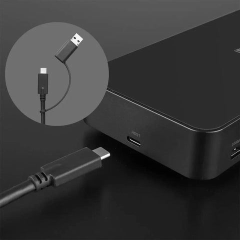 Close-up of USB-C cable connected to Top Tier Universal Laptop Docking Station With Triple 4K Displays And Display Port Outputs Usb C And A Hybrid Hub.