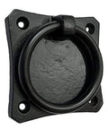 Close-up of Pethahiah Antique Cast Iron Cabinet Ring Drop Pulls 2.5 Inch Matte Black for vintage cabinets and drawers.