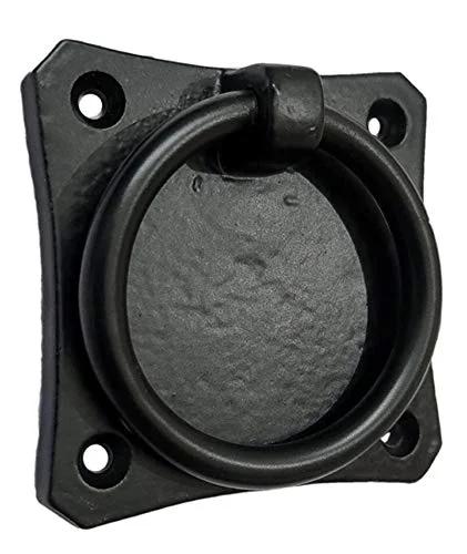 Close-up of Pethahiah Antique Cast Iron Cabinet Ring Drop Pulls 2.5 Inch Matte Black for vintage cabinets and drawers.