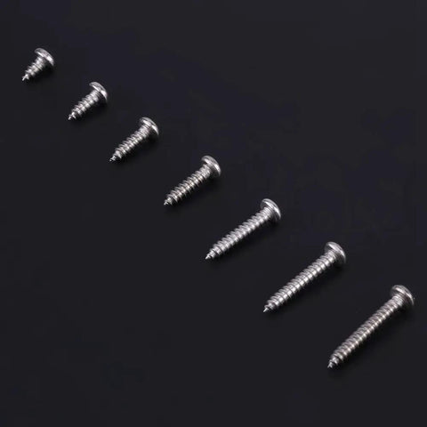 M3 Button Head Self Tapping Screws Kit 500 Pcs With Plastic Storage Box, various lengths in stainless steel on black background.