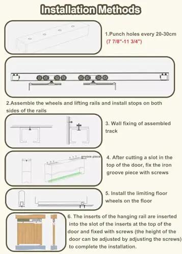 Heavy Duty Sliding Door Hardware Kit With Smooth Track And Hanger System For Cabinets And Garage Doors Quiet Operation Rock Solid Durable Steel And Nylon Pulleys Super Easy Installation Ideal For Home Renovation And Smart Storage Solutions installation methods diagram for wall-fixed track, rollers and stops