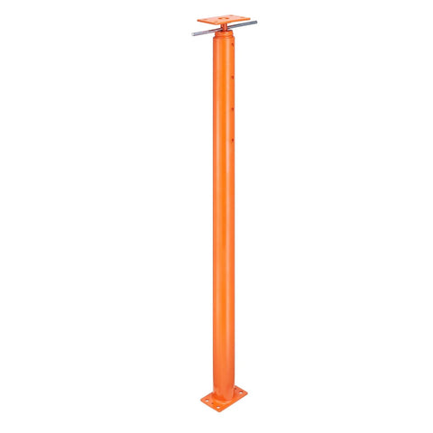 Orange steel telescoping floor jack post with base plate and top mounting plate for temporary leveling support