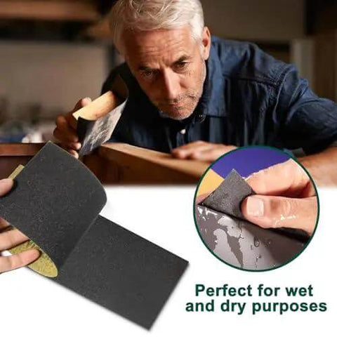 Person using 24 Piece Sandpaper Set With 12 Grits From 120 To 3000 Wet Dry Silicon Carbide Sheets for furniture smoothing