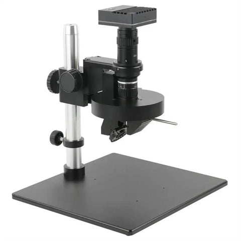 Pro-Grade Industrial Video Measuring Microscope Camera With 4K 2K 1080P HDMI Output, 120X Zoom, 2D 3D Inspection, C-Mount Lens, 360-Degree Electric Rotation, Rugged LED Lighting, High-Res Live View For Precision Microscale Work on stand and base