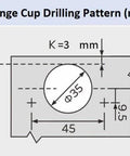 Diagram showing hinge cup drilling pattern with measurements in mm for 10 Pack 7 Sixteenth Inch Overlay Cabinet Hinges with 45mm spacing.