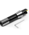 Beefy Indexable End Mill With R8 Shank One Inch Cutting Diameter And Five And Nine Sixteenths Inch Length Built For Smooth Milling Tin Coated TPG22 Inserts