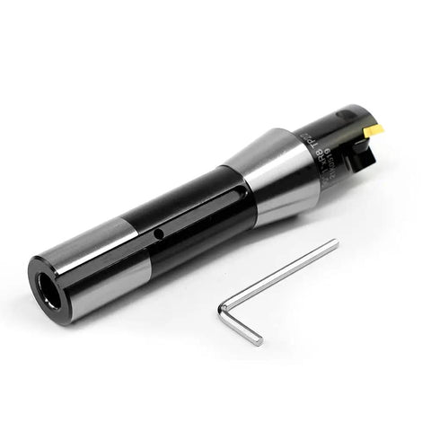 Beefy Indexable End Mill With R8 Shank One Inch Cutting Diameter And Five And Nine Sixteenths Inch Length Built For Smooth Milling Tin Coated TPG22 Inserts