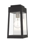 12 Inch Oslo Outdoor Wall Lantern In Satin Brass Finish With Clear Glass For Porch Or Patio, sleek design front view