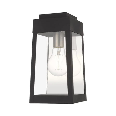 12 Inch Oslo Outdoor Wall Lantern In Satin Brass Finish With Clear Glass For Porch Or Patio, sleek design front view