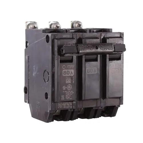 Q Line THQB32080 Three Pole 80 Amp Circuit Breaker With Bolt On Mount For 120 240 Volt Systems, front view showing labels