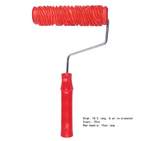 Game Changing Wall Embossing Roller For DIY Pros with red handle and textured drum for interior paint jobs.