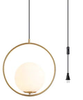 Plug In Globe Pendant Light Fixture With White Glass Ball And Brushed Brass Ring, Modern Mid Century Style Chandelier, Large Pendant