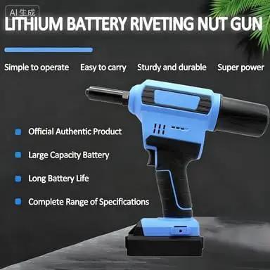 Pro Grade Heavy Hitter Cordless Rivet Gun With 20V Brushless Motor And Auto Recoil For Seamless Fastening Through Metal Wood And Plastic Surfaces Includes Both Battery And Charger, blue design, lithium battery.
