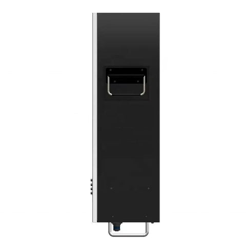 Smart Touch Display 51.2V 100Ah Lithium Ion Battery straight up solid home energy storage power wall, side view with handle.