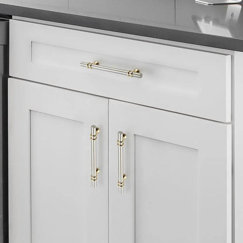 Two Tone Brushed Nickel And Gold Cabinet Pulls 7.38 Inch And 5 Inch Center To Center 30 Pack on white kitchen cabinet