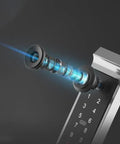 Close-up of Straight Up Reliable Smart Door Lock With Fingerprint Authentication showing biometric entry design and keypad.