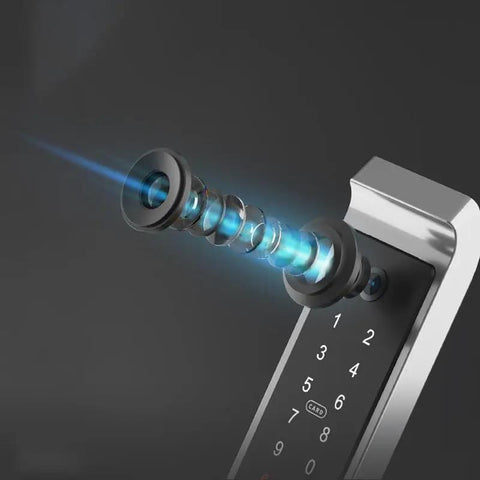 Close-up of Straight Up Reliable Smart Door Lock With Fingerprint Authentication showing biometric entry design and keypad.