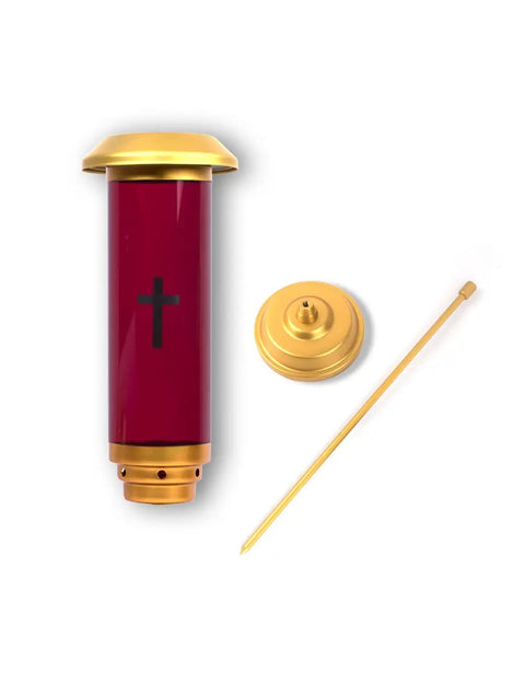 Solar Powered Cemetery Light In Red Aluminum With LED Memorial Lantern Spiked Outdoor Grave Lamp With Cross Design