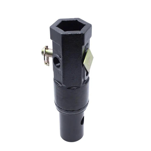 Heavy Duty Beefy Auger Adapter Converts Two Inch Female Hex To Two And Nine Sixteenths Inch Round Male Shaft Length Twelve Inches Weighs Nineteen Pounds Bolt Pin Attachment For Tough Drilling And Auger Attachments, side view