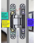 Straight Up Heavy Duty Concealed Door Hinges, 180 Degree Adjustable Hardware with adjustment labels for precise installation.