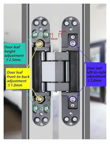 Adjustable Silent Concealed Door Hinges One Pair Black Smooth Operator Hidden Hardware For Wood Folding And Secret Room Doors 180 Degree Low Profile Opening with adjustment labels.