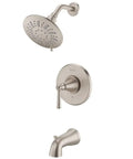 Saxton Tub And Shower Trim In Brushed Nickel With 3 Function 1.8 GPM Shower Head Featuring Full Massage And Combo Modes Trim Only Valve Not Included Wipe Clean Nozzles For An Easy Slick Bathroom Upgrade.