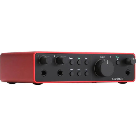 Scarlett 2i2 4th Gen USB Audio Interface Bundle with Studio-Grade Mic Preamps, front view showing controls