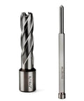 Oscarbide 9/16x2 annular cutter and 3/4in Weldon shank mag drill bit with pilot pin, front view (2 tools)
