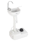 Super Heavy Duty Portable Foot Pump Wash Station With Smooth Rollin Base And No Fuss Soap Tray Plus Sturdy Hanging Rack made of white plastic.
