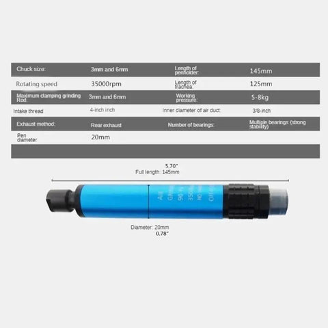 Pro Grade Micro Pneumatic Air Pencil Die Grinder Kit 145mm length and 20mm diameter for precision engraving and polishing.