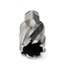 Oscarbide annular cutter with 3/4 in Weldon shank, front view; 1-1/4 in cutting diameter, 1 in depth of cut, hollow center