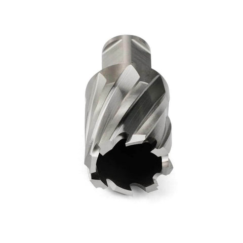 Oscarbide annular cutter with 3/4 in Weldon shank, front view; 1-1/4 in cutting diameter, 1 in depth of cut, hollow center