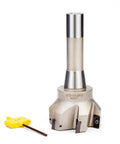 Beefy Heavy Duty Indexable End Mill With R8 Shank And 3 Inch Cutting Diameter For Milling, Six Flutes, shown with inserts