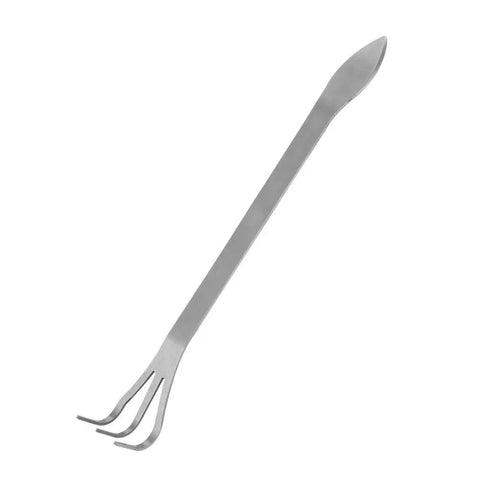 Three-prong root rake tool with stainless steel design and ergonomic handle for bonsai and garden soil loosening
