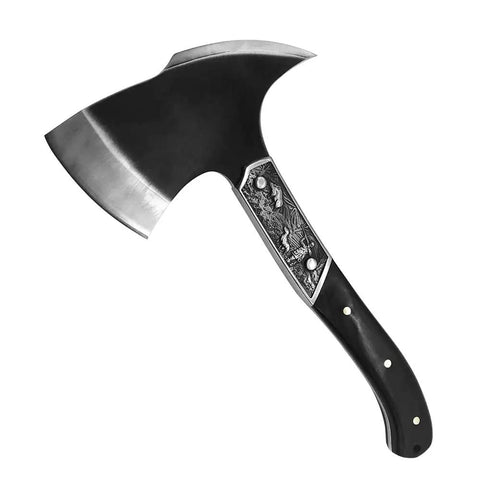 Beast Mode Full Tang Chopping Axe With Wooden Handle, close-up, 12in, stainless steel blade, outdoor bushcraft tool