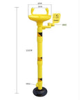 Stainless Steel 304 Emergency Eyewash Station Floor Mounted With Dual Nozzles, yellow design with measurements in industrial setting.