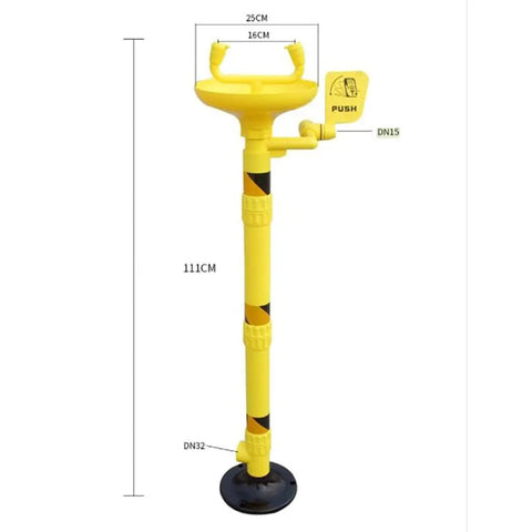 Stainless Steel 304 Emergency Eyewash Station Floor Mounted With Dual Nozzles, yellow design with measurements in industrial setting.