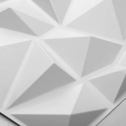 Close-up of Decorative 3D Diamond Wall Panels Kit 11.8 Inch Square Matte White 33 Pack PVC Lightweight Fire Resistant Easy DIY Install