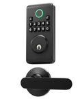 Matte Black Keyless Entry Door Lock Set Featuring Keypad Deadbolt With Smooth Lever Handles Electronic Safety Bolt Easy Code Entry For Front Doors, close-up view of keypad and lever.